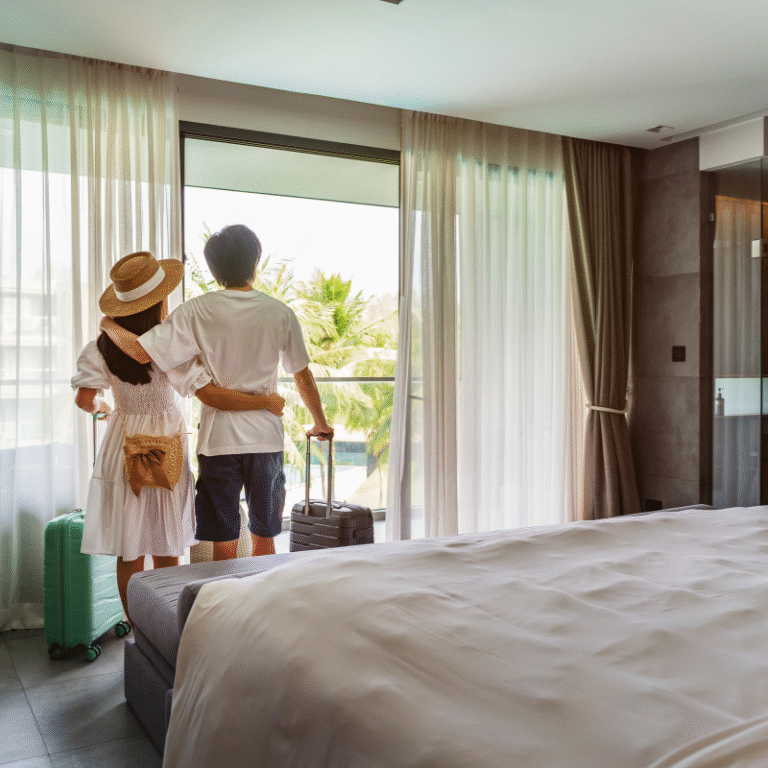 Casal chegando ao quarto de hotel com vista